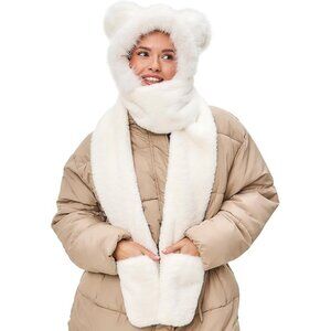 Kids White Faux fur Cute Cat Ears Winter Hat, 3 in 1 Plush Animal Hat Imported